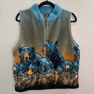 Vintage Mazmania Black Bear Fleece Vest USA Made Full Zip Outdoor Wildlife Med